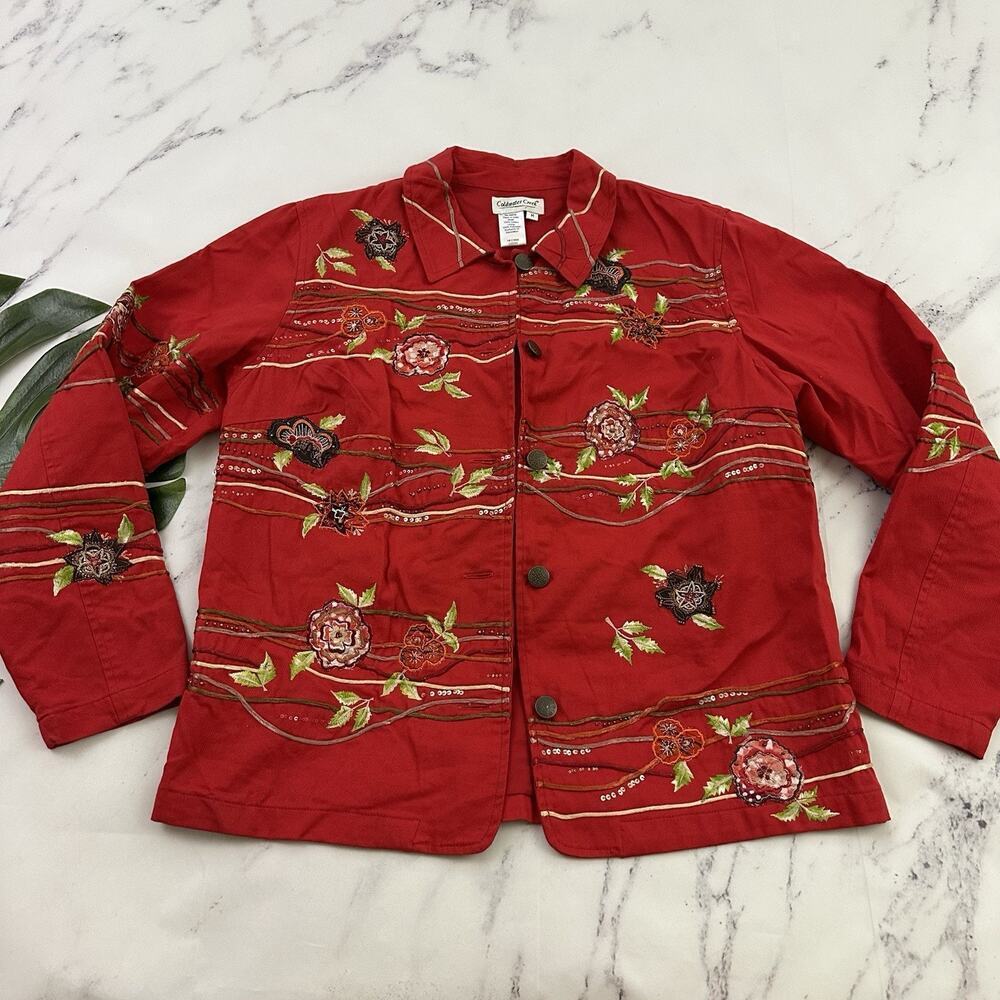 Coldwater Creek Womens Vintage Y2k Embellished Jacket Size M Red Floral Sequins